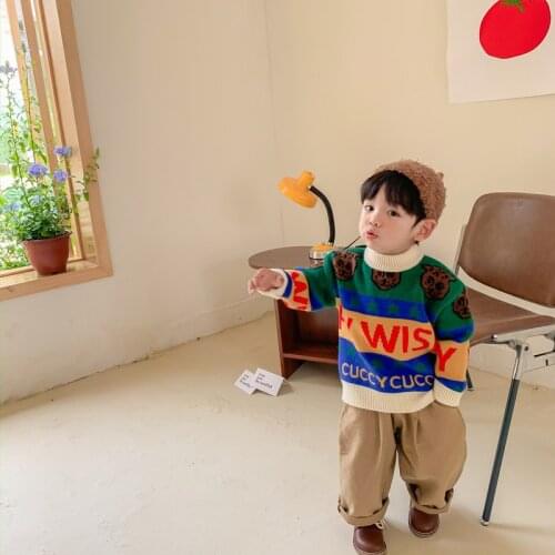 8431 Childrens Clothing 2021 Autumn New Korean Letter Cartoon Round Neck Sweater Top Childrens Clothing
