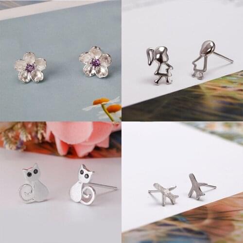 925 Sterling Silver Pin Aircraft Children Flower Cat Style Earrings Add Charm