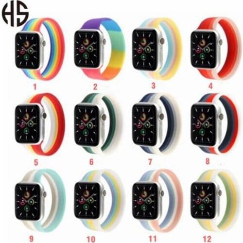 For Apple Watch 1 2 3 4 5 6 SE Rainbow Single Loop Elastic Silicone Watchband Ultrathin Soft Silicone Stripe Wristband