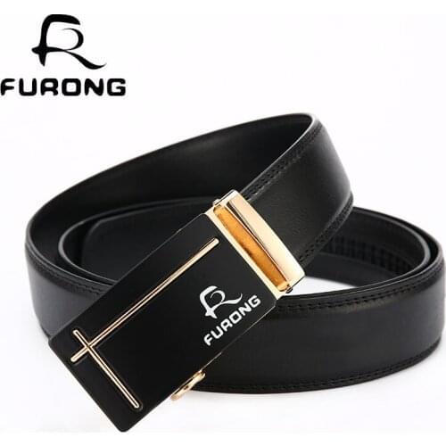 FURONG New Style Luxury Leather Mens Belts 100% Cowskin Strap Metal Automatic Buckle Men Black Belt Business Men Belts