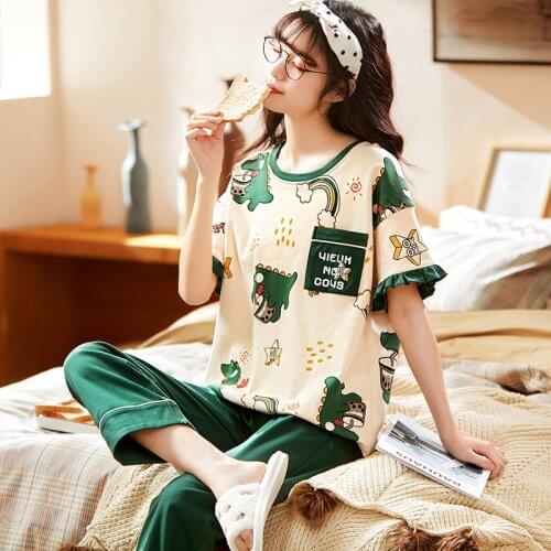 Short-Sleeve Cotton Sleepwear Spring Ladies Summer Pajamas Suit Korean Cartoon Cute Womens O-Neck Homewear Two Piece Set H1340