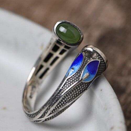 BOCAI New S925 silver jewelry vintage cloisonne bluing peacock female ring models literary temperament Jasper Ring for woman