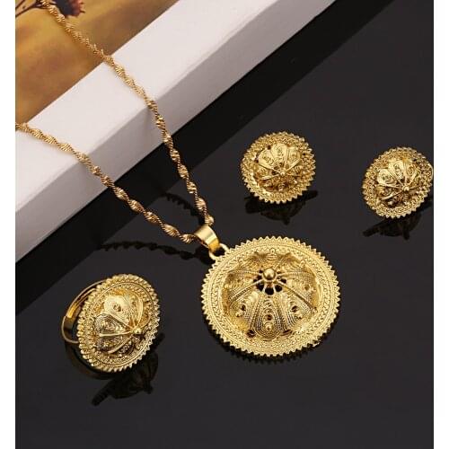 Ethiopian Bride Wedding Pendant Necklace Earring Ring African Eritrea Habesha Jewelry Set