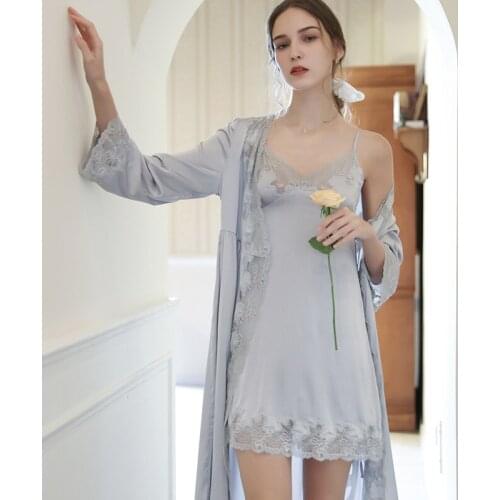 Sexy Hollow Out Women Kimono Robe Sets 2PCS Lace Floral Rayon Sleep Suit Bride Dressing Gown Nightgown&Bathrobe Summer Home Wear
