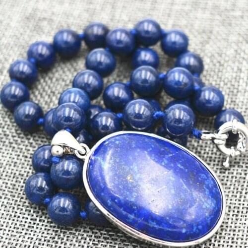 Beautiful 8MM blue Lapis Lazuli Beads & 13x25mm Pendant Necklace 18 "