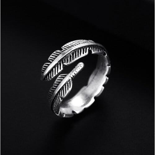 Trendy Vintage Feather Shape Antique Silver Plated Punk Hiphop Rock Style Resizable Ring for Women Girl Retro Party Jewelry