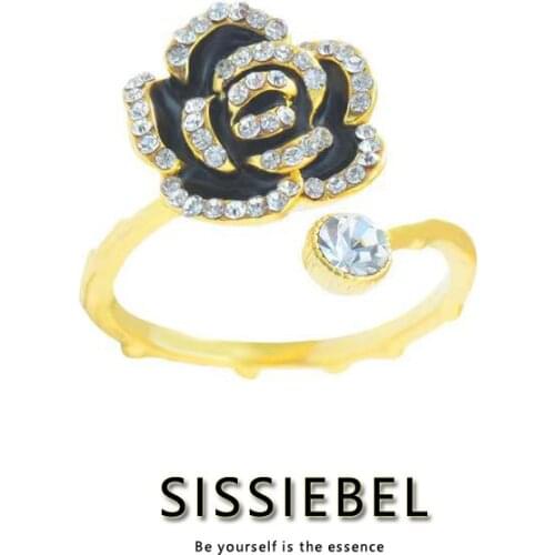 2021 New Elegant Black Flower Gold Branch Shape Rings For Woman Korean Fashion Jewelry Girls Party Sexy Finger Set Accessories