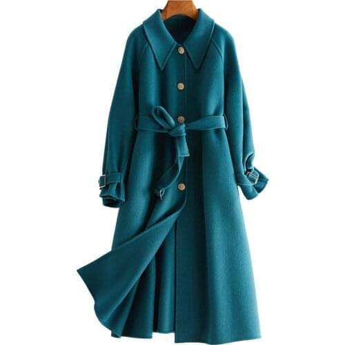 2021 Autumn and Winter New Loose Double-sided Woolen Coat Womens Long Hepburn Wind Waist Lace Up Coat