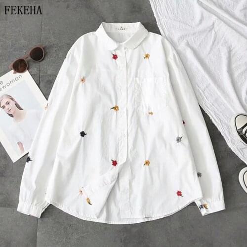 Autumn Cotton White Shirts Women Blouses Floral Embroidery Long Sleeve Lady Tops Loose Female Clothes