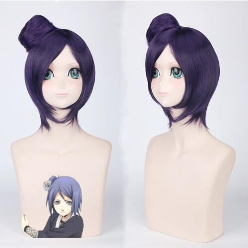 Naruto Anime Party 40cm Short Straight Synthetic Hair Bun Dark Purple NARUTO Konan Cosplay Wigs for Women