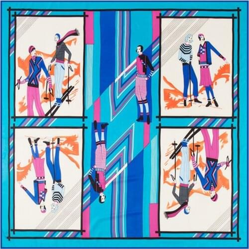 [POBING]100% Twill Silk Scarf Skating Sportsman Print NecKerchief Large Square Scarves Luxury H Brand Lady Foulard Female Hijab