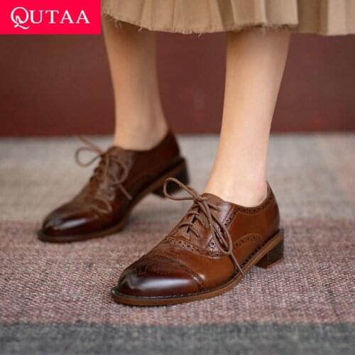 QUTAA 2021 Spring Autumn Retro Round Toe Lace Up Basic Women Pumps Genuine Leather Square Heel Casual Female Shoes Size 34-39