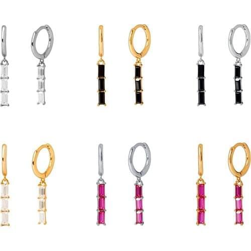 Three color Black/White/Rose Red Zircon Pendant 925 Sterling Silver Small Hoop Earrings for Women Simple Circle Huggie Earrings