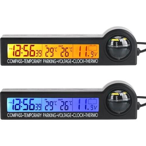 Car Temporary Parking Card Voltage Tester Multi-Function Calendar Compass Thermometer Car Clock LCD Display Screen 5 in 1
