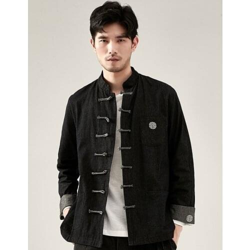 Traditional Chinese Style Embroidery Denim Hanfu Blouse Tang Suit Men Kung Fu Clothes Tops Jackets Cheongsam New Year Coat 11405