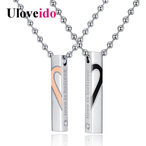 Uloveido Necklaces & Pendants Heart Love Titanium Couple Necklace Retangle Shape Paired Puzzle Pendant Valentines Day Gift KS797