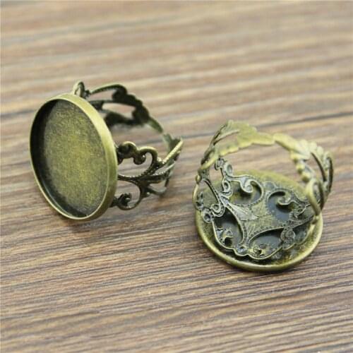 WYSIWYG 5pcs Fit 12/14/16/18/20mm Round Glass Cabochon Antique Bronze Color Copper Material Lace Adjustable Ring Settings Base