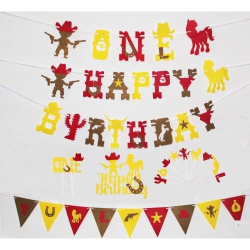 West Cowboy with Horse Cake Topper Happy Birthday Banner Boots Horseshoes Garland for Kids Birthday Party Favor Supplies