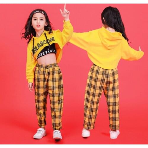 Yellow Kids Hip Hop Hoodies Dance Clothes for Girls Jazz Dancing Costumes T Shirt Ballroom Crop Tops Plaid Jogger Pants