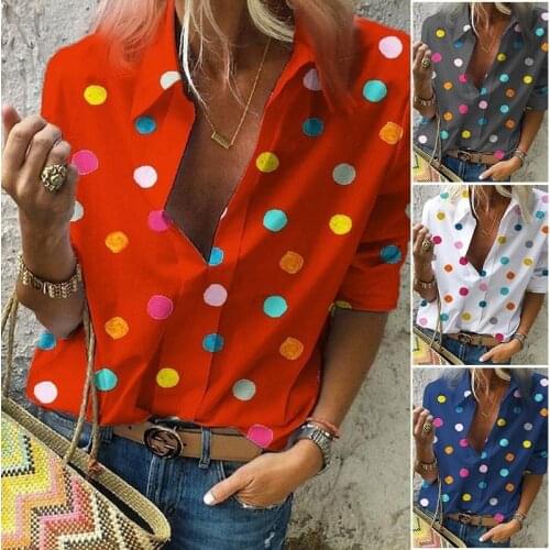 Women Long Sleeve Blouse Female Fashion Casual Polka Dot Shirt Ladies Solid Color Turn-down Neck Autumn Tops MX0035
