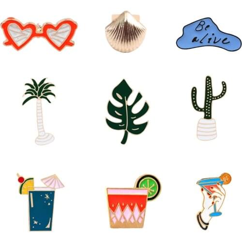 Vacation Badge Brooch & Pins Summer Shell Goggles Coconut Orange Juice Brooches Coat Lapel Enamel pin jewelry women Drop shippin
