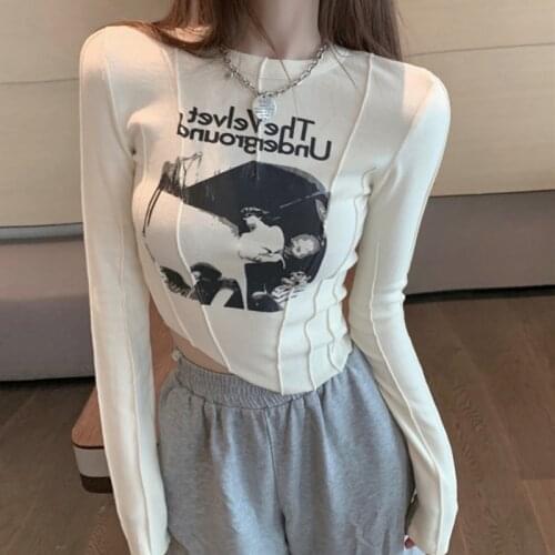 Women Fashion Long Sleeve Round Neck Letter Print Slim Tops Irregular Cut Out 2021 Design New Skinny Casual T Shirt