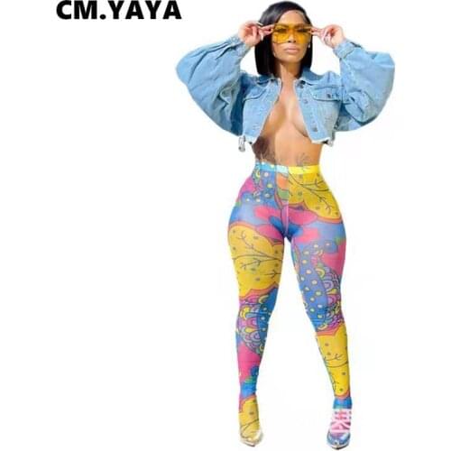 CM.YAYA Women Pants Print Mid Wasit Stretchy Skinny Bodycon Long Pants Fashion Casual Hight Streetwear Summer Trousers 2021