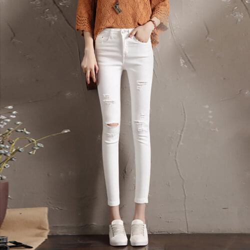 Ripped White Jeans Women Summer Streetwear Black Skinny Stretch Jeans Pencil Pants Women Casual Denim Trousers Jean Femme C7395