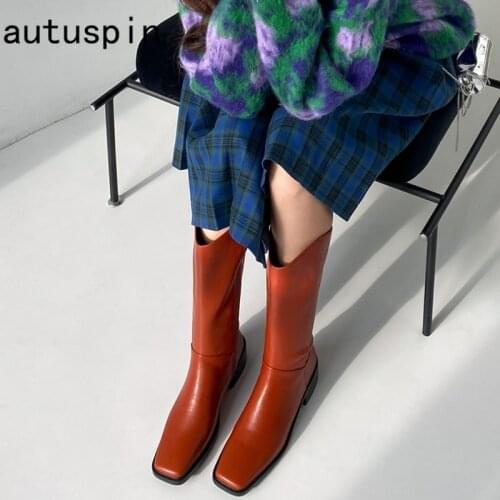Autuspin Fashion Square Toe Long Boot Shoes Women 2021 Newest Cow Leather Knee High Boots Female Winter Street Style Shoes Warm