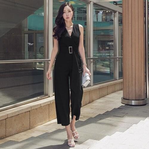 2019 New Women Fashion Jumpsuit Office Lady Long Overalls Metal Belted Slim Casual Rompers V-neck Sleeveless Pants Jumpsuits