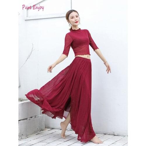 Women Belly Dance Costume Set Bellydance Training mesh Clothing Competition Outfits Suit Girls Dance Wear Top and long skirt