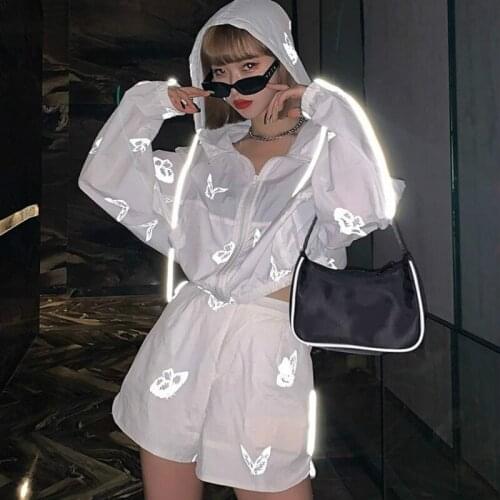 New Summer Women Casual Thin Two Piece Set Hooded Top and Short Pants Female Sexy Hip Hop Loose Butterfly Reflective Sportswear