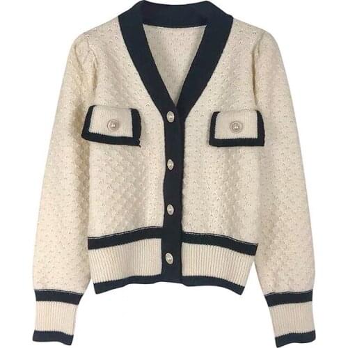 Womens Cardigan Knitted Korean Fashion Patchwork Sweater for Women Winter Long Sleeve V-neck Casual Knitwear Coats Vintage