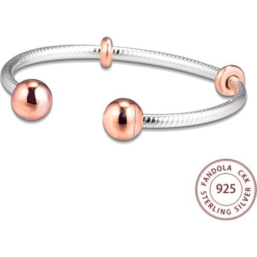100% 925 Sterling Silver Jewelry Bracelet Femme Moments Snake Chain Style Rose Open Cuff Bangles Bracelets for Women Pulseira
