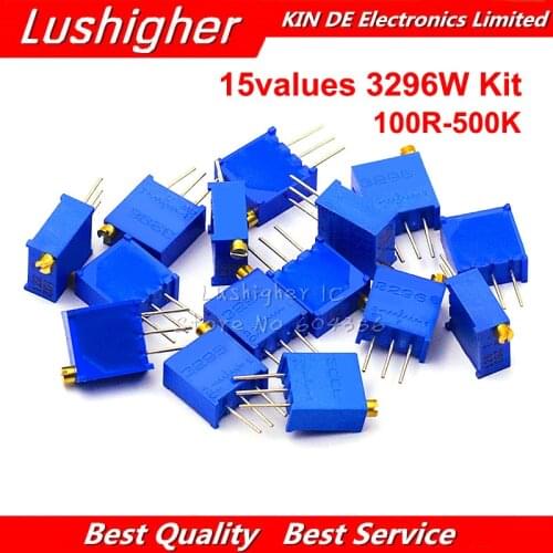 15valuesX1pcs=15pcs 100ohm-2Mohm 0.5W 3296 3296W Variable Resistors MultiTurn Trimmer Adjustable Precision Potentiometer Kit