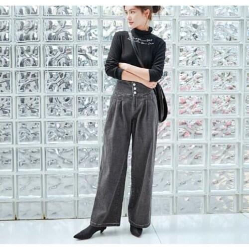 2018 High quality women High waist denim jeans women loose jeans pants High-waist wide-leg jeans woman bottom