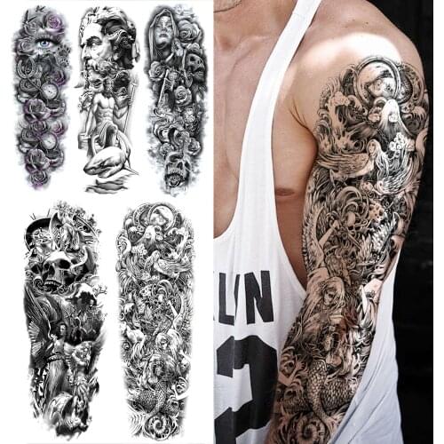 3D Skull Wings Mermaid Temporary Tattoos Sleeve For Men Women Fake Gangster God Shark Evil Eye Tattoo Sticker Full Arm Tatoo Big