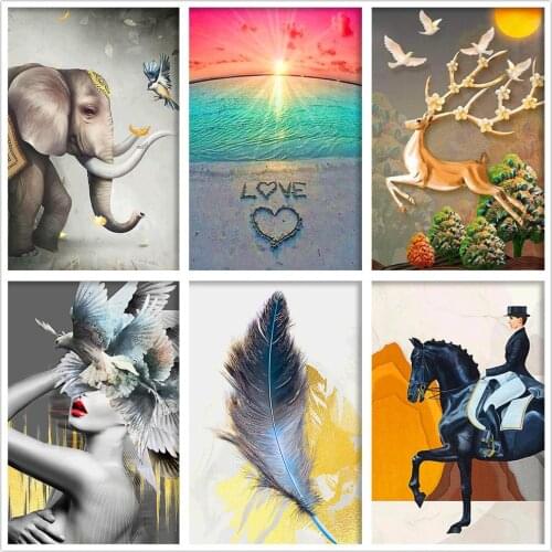 Round full diamond 5d art diamond painting sunset elephant feather rider diy diamond embroidery kit home decoration pendant