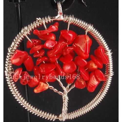 Free Shipping Fashion Jewelry 49mm Fashion Tree of life -Red Coral Wire Wrap Women Men Pendant bead C4026