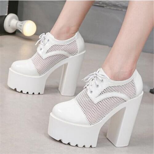 Fashion Solid Platform Platform Women Sandals Summer Shoes Waterproof Mesh Lace Up 14.5CM Thick High Heels Round Toe woman shoes