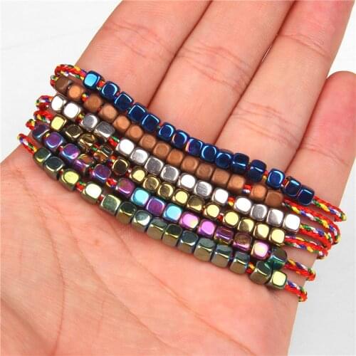 4mm Hematite Bracelets For Women Men Weight Loss Health Yoga Bangles Square Cube Beads Braided Bracelet Colorful Rope Jewelry