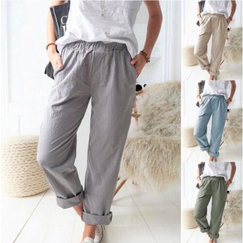 Womens elastic belt pocket solid color cotton and linen series casual comfortable trousers