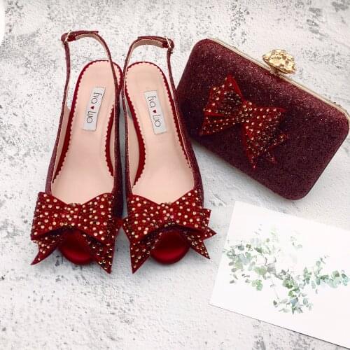 BS1216 Custom Made Women Shoes Dress Pumps Low Heel Bridal Wedding Shoes Winered Glitter Shoes With Matching Bag