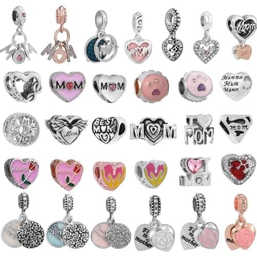 2Pcs/Lot Hot Sale Romantic Crystal MOM Pendant Charm Beads Fit Original DIY Bracelets Necklaces For Women Mother Jewelry Making