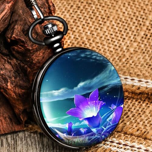 Sparkling Flower Pattern Quartz Black Pocket Watch Women Digital Clear Dial Practical Pendant Necklace Girls Souvenir Watches