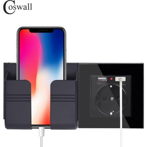 COSWALL Dual USB Charging Port 16A Wall EU Russia Socket Power Outlet Glass Panel PC Panel Black Color