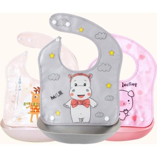 Cartoon Print Baby Bibs Waterproof Soft Silicone Infant Boys Girls Bib Children Burp Cloth Baby Feeding Bibs with Pocket