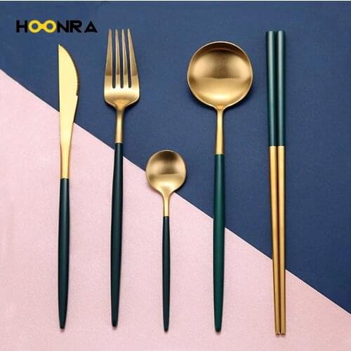 HOONRA 5Pcs/Set Black Gold Cutlery Set Stainless Steel Steak Knife Fork Spoon Chopsticks Dinnerware Set Rose Gold Flatware