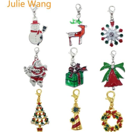 Julie Wang 9PCS Mixed Enamel Christmas Tree Bell Snowman Keychains Alloy Lobster Buckle Clasp Charms Key Chains Handmade Jewelry