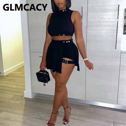 2 Pieces Sets Women Sleeveless Top & High Waist Bodycon Shorts
